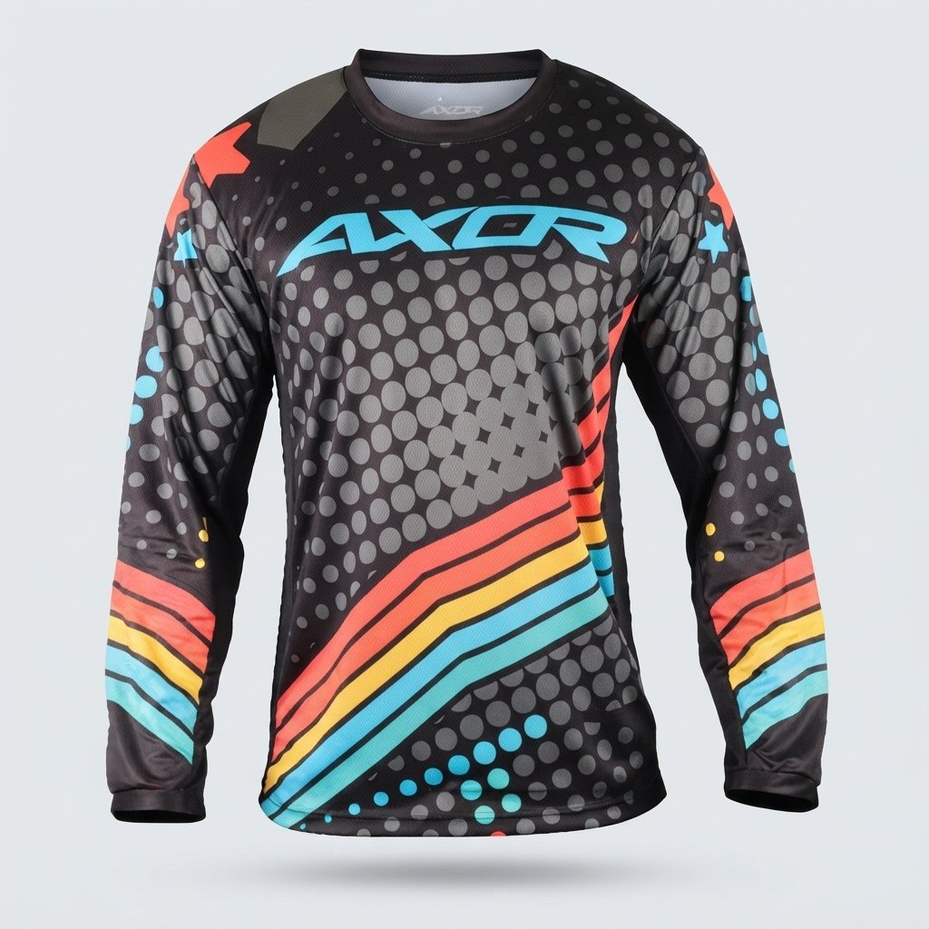 Sublimated motocross jersey in bold team colours, front view
