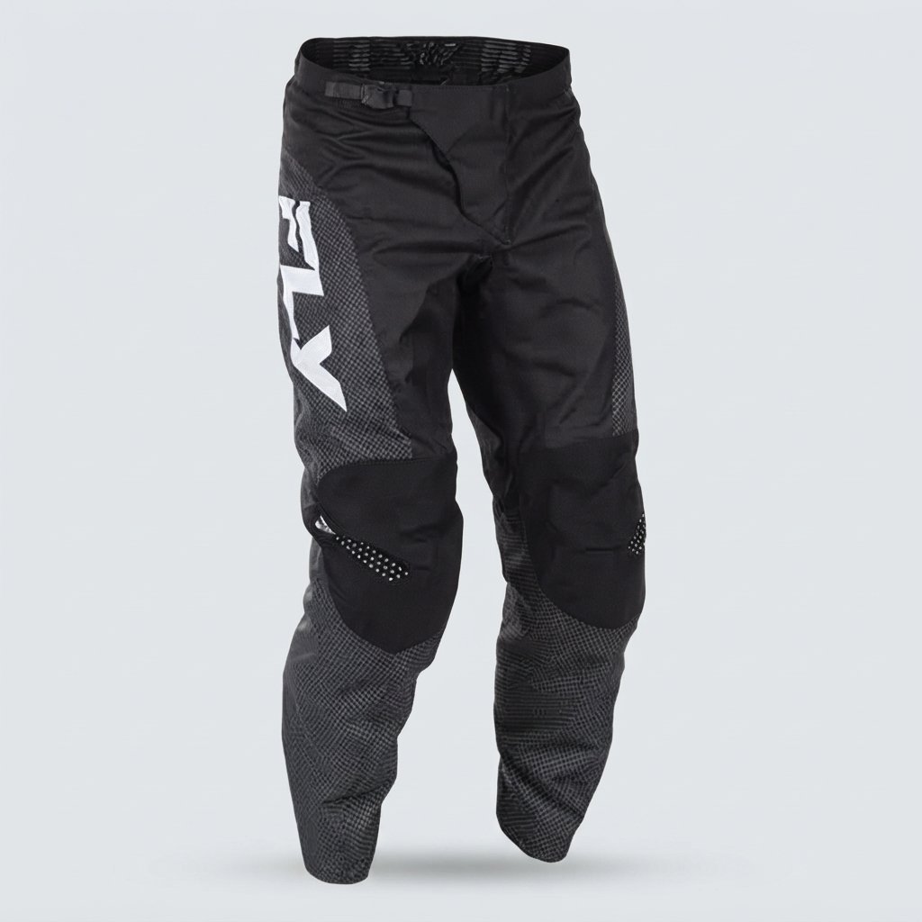 Custom motocross pants with leather knee panels, front view